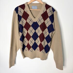 Vintage LeTigre Sweater Argyle V-Neck Academia Preppy Tan Women Small